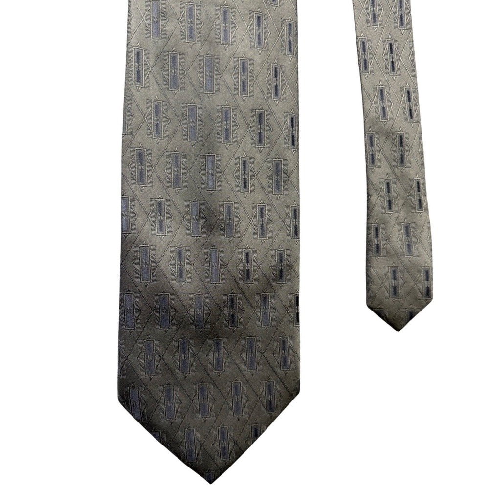 Croft & Barrow Mens Silk Necktie Grey Blue Geometric‎ Diamond Pattern Hand Made